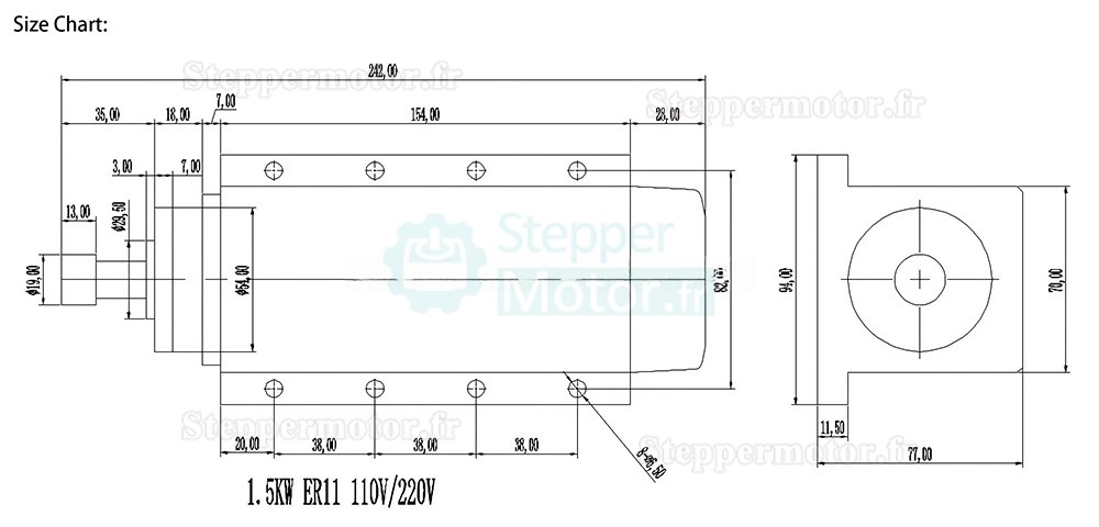 Moteur de broche cnc refroidi par air Huajiang-1.5KW 110V/220V 1,5kW 24000 tr/min, pince ER11/ER16 400hz avec prise aviation